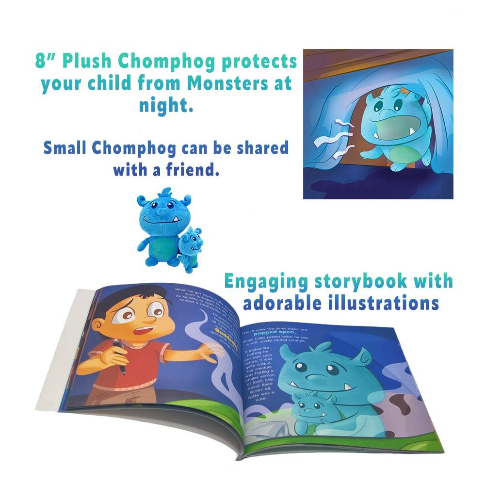 chomphogs story book with text overlay that reads 8 inch plush chomphog protects your child from monsters at night, small chomphog can be shared with a friend, and engaging storybook with adorable illustrations